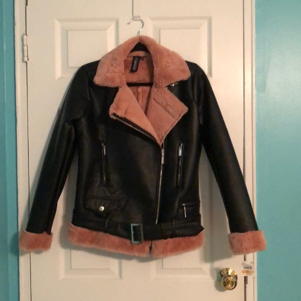 NWT JouJou Polyvinyl Biker Jacket with Faux Fur
